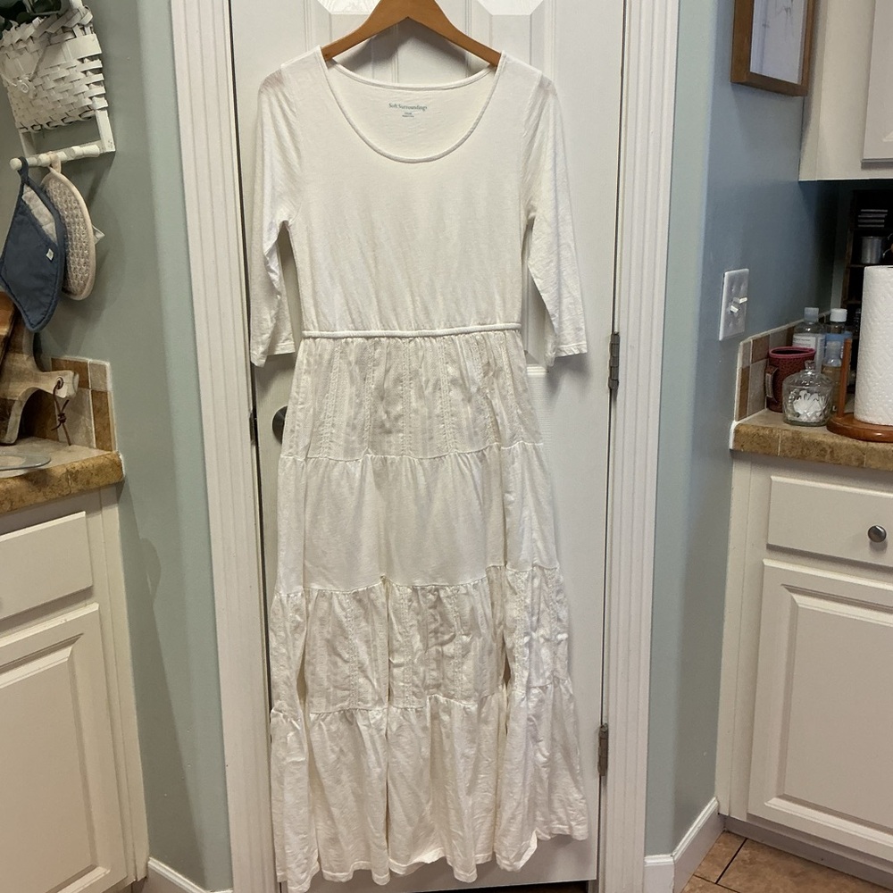 Soft Surroundings SZ XS White Maxi Lace Tiered Dress 3/4 Sleeve Cotton Boho